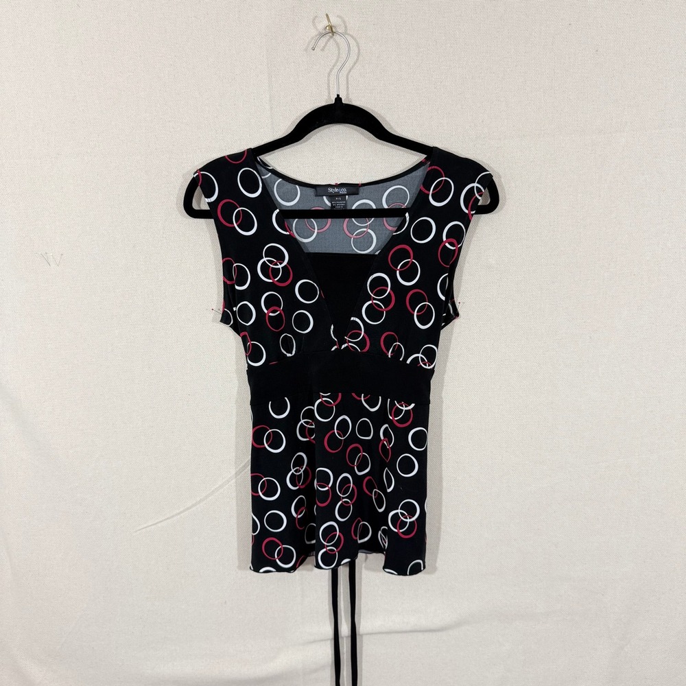 Style & Co Petite Black Red White Geometric Circle V-Neck Sleeveless Top PS
